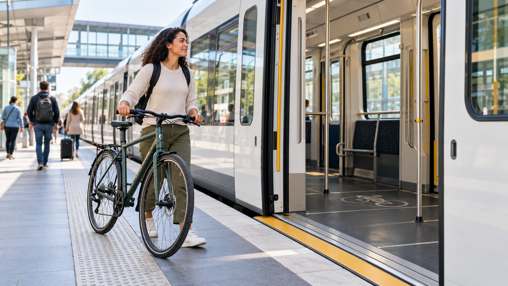 Cyclist walking a bicycle onto a public transport train at a modern station