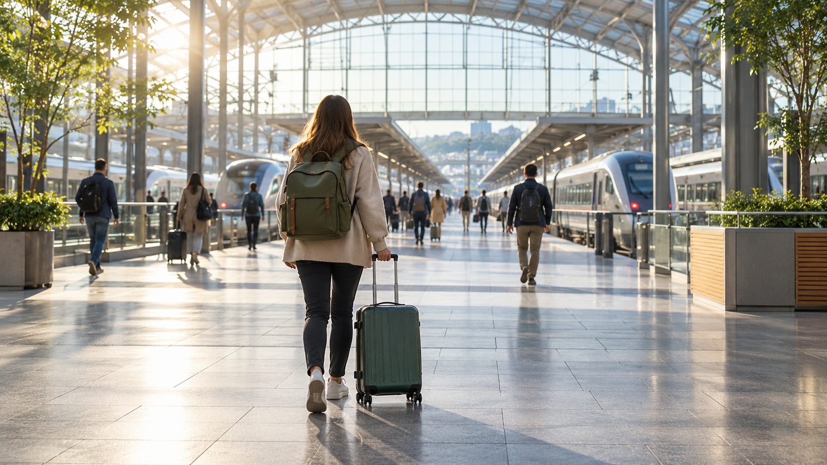 Traveler arriving early with luggage at a modern train station before departure