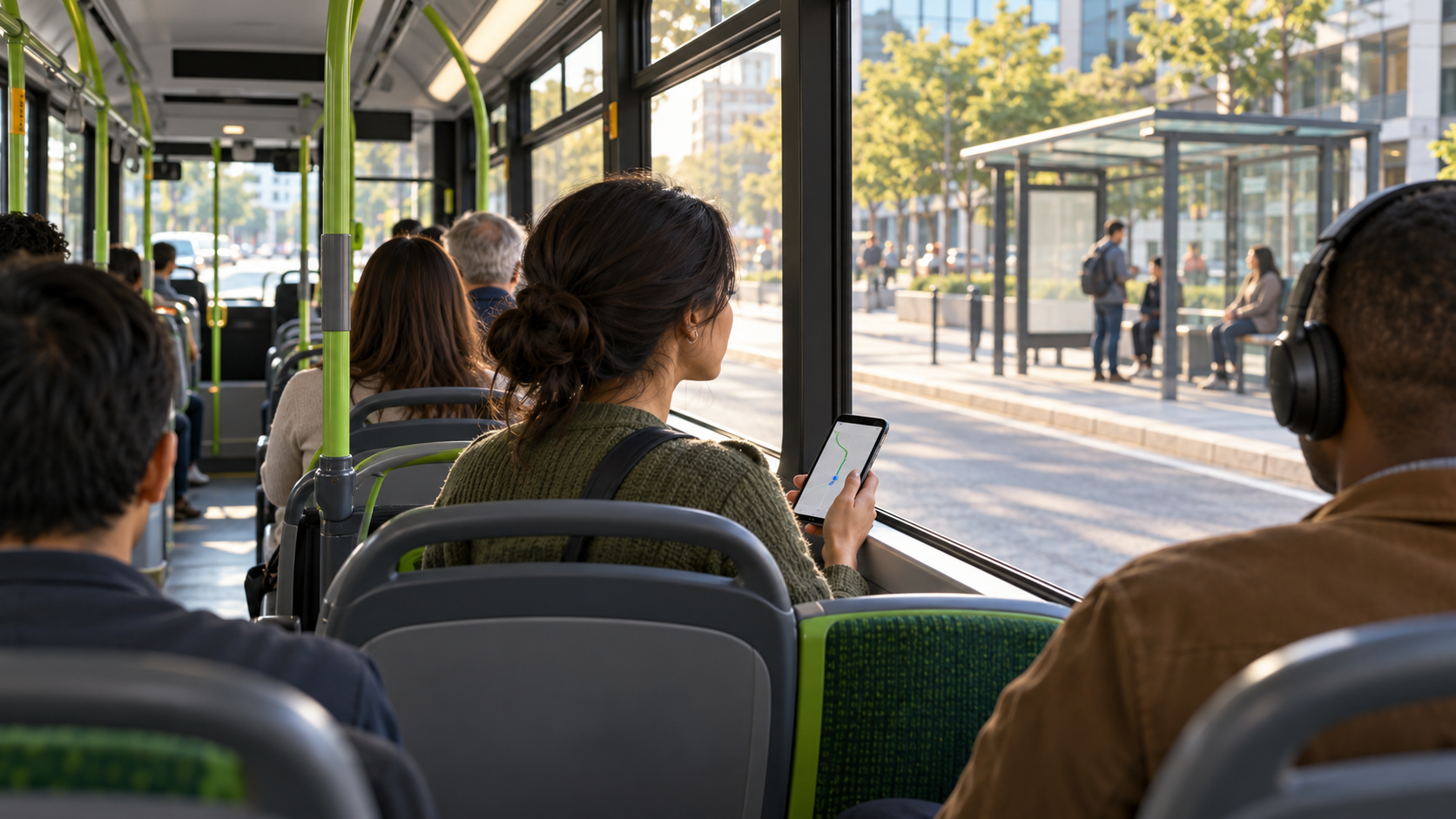 Traveler using a live route map to know when to get off the bus