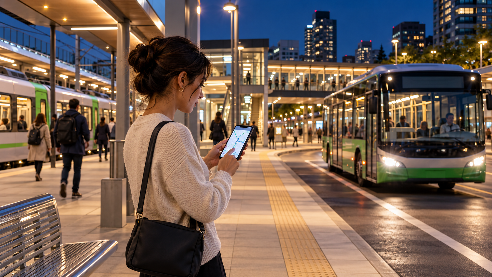 Traveler planning a late-night public transport trip at a well-lit train and bus interchange