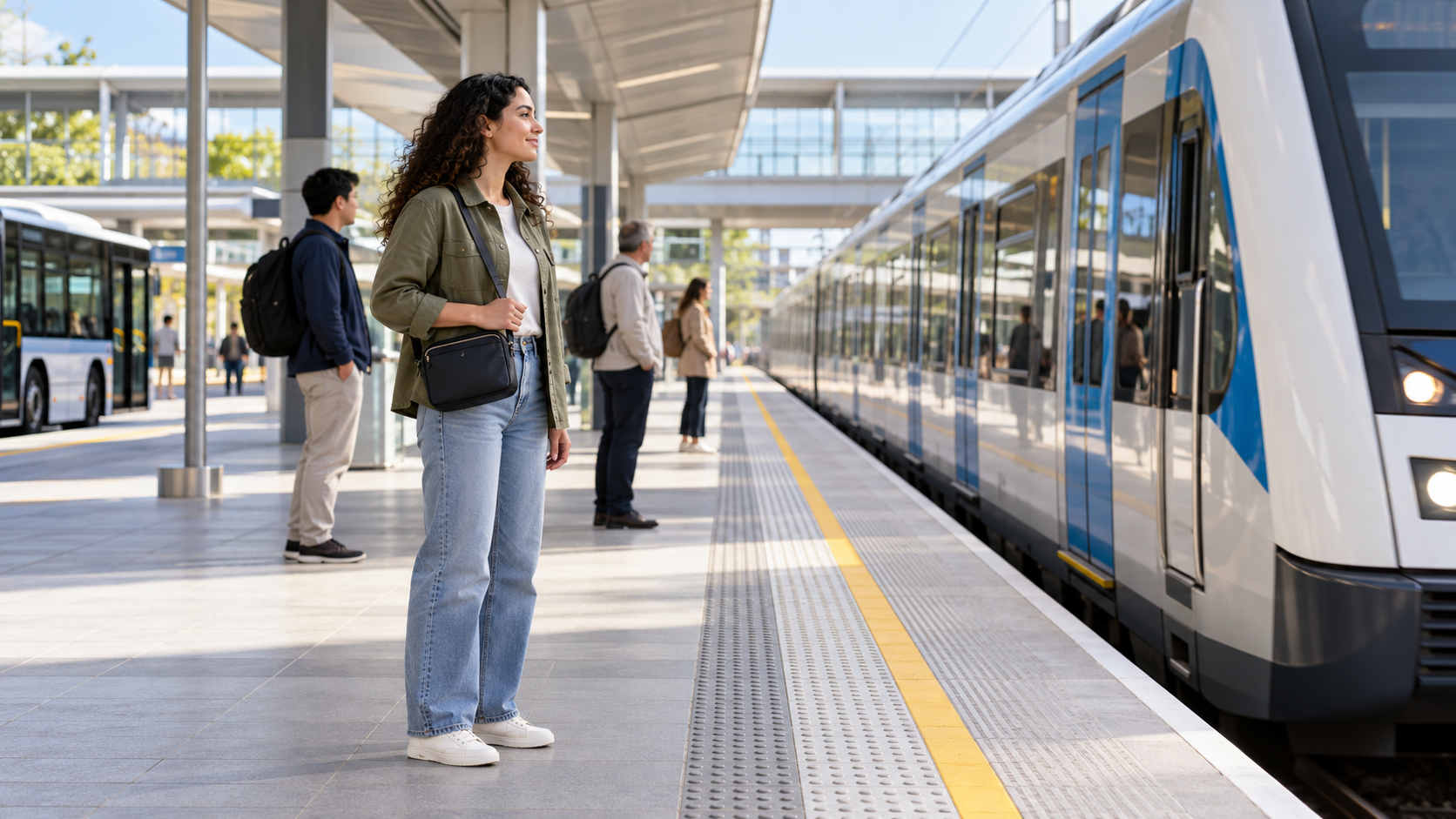 Alert traveler waiting safely behind the platform line for public transport