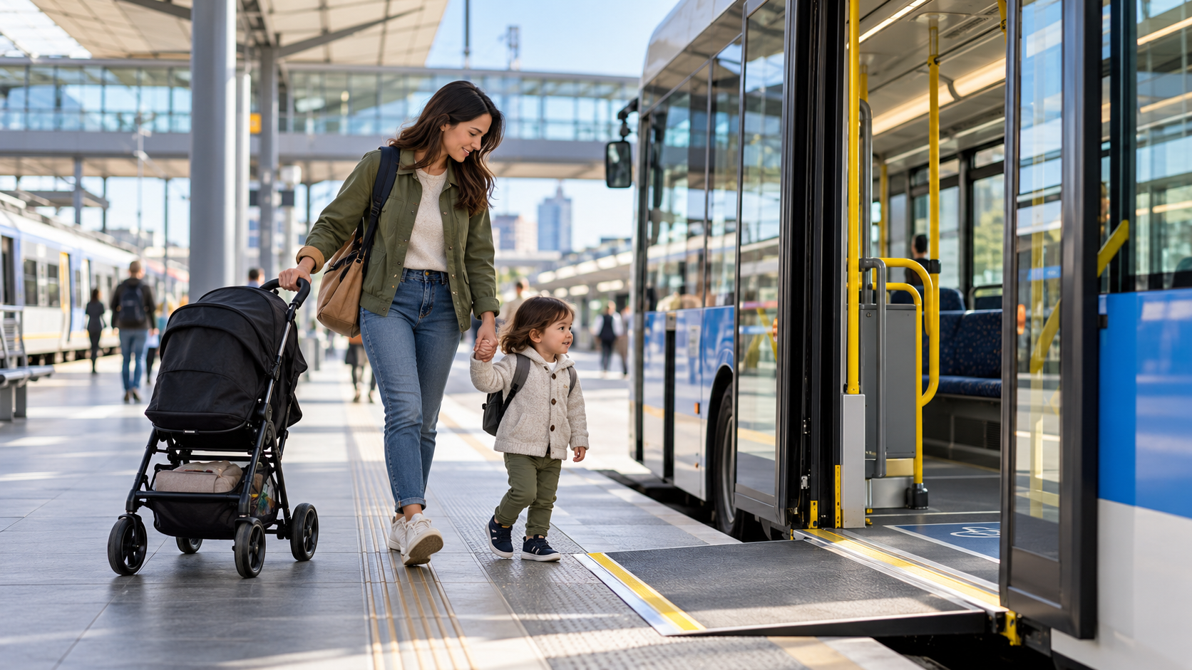Family using public transport with children and a stroller at an accessible station