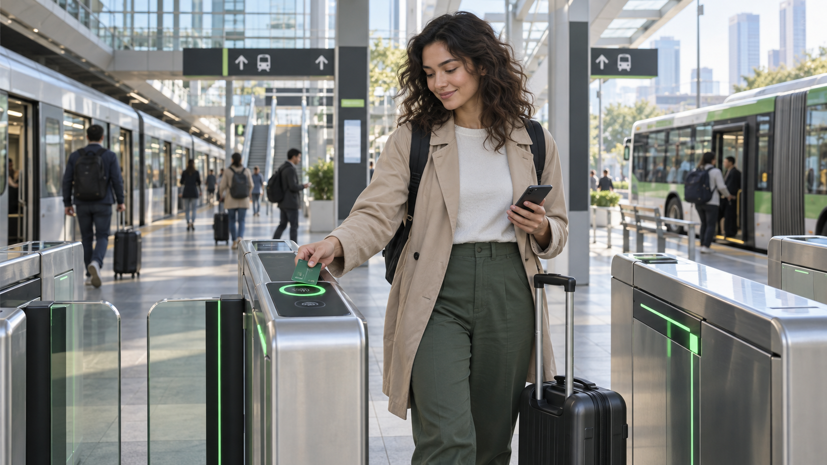 International traveler paying for public transport abroad with a contactless bank card