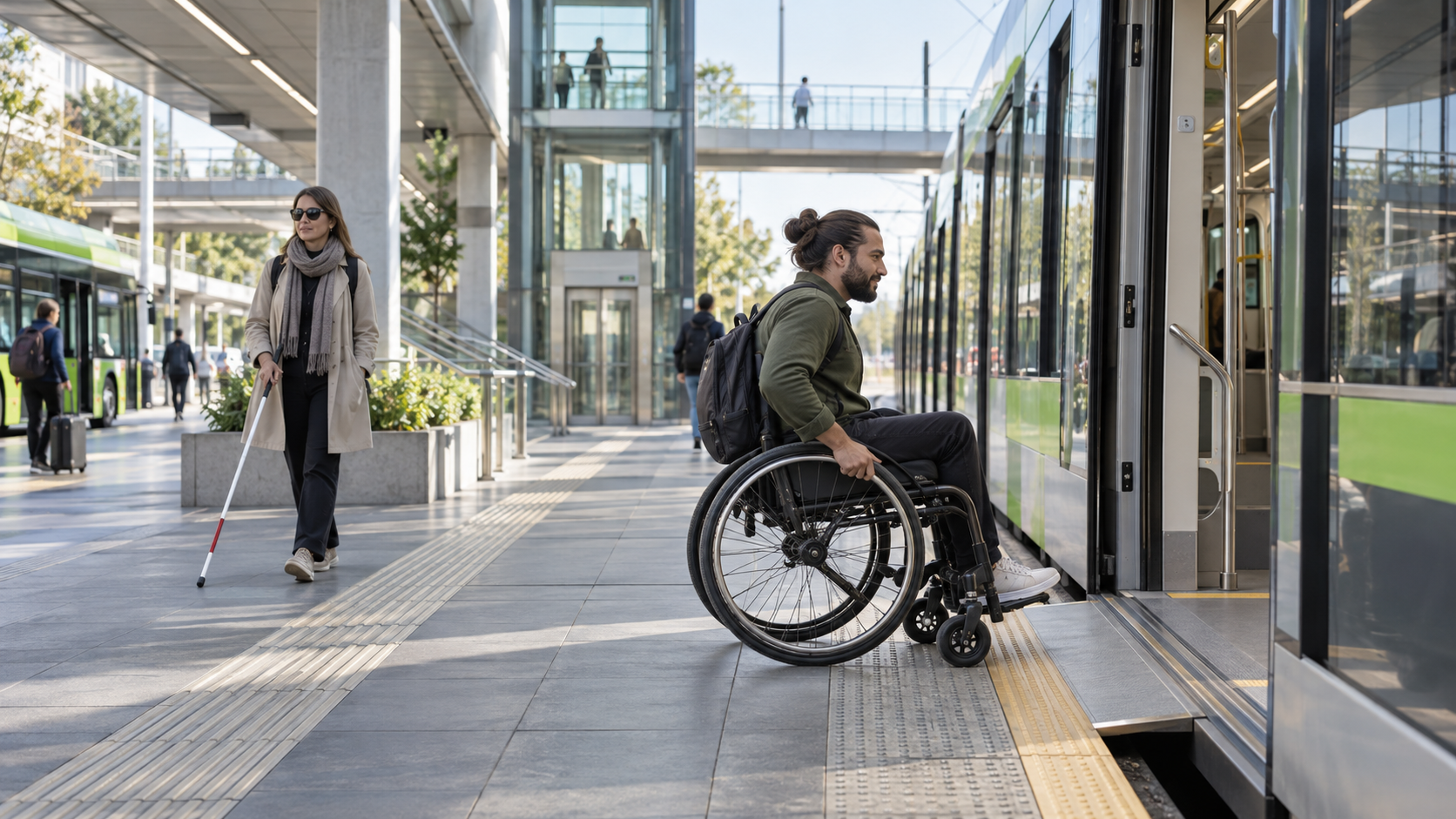 Wheelchair user boarding a low-floor tram at an accessible public transport interchange