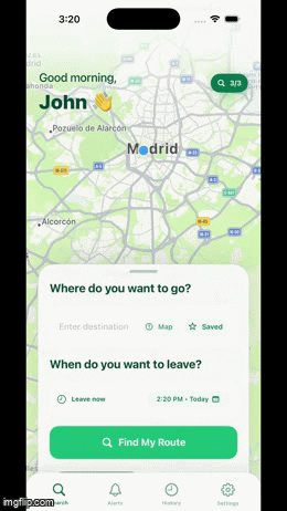 Sayr app home screen with Good morning John greeting and Madrid map