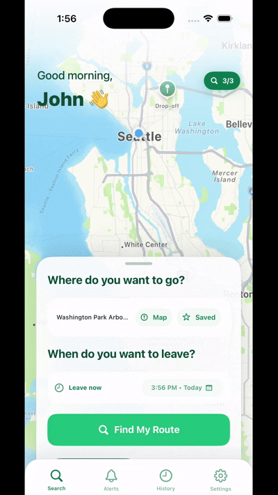 Sayr app with Washington Park destination filled in and drop-off pin shown on map