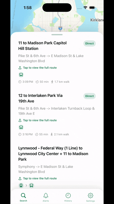 Sayr app showing a list of available bus routes with times and transfer details