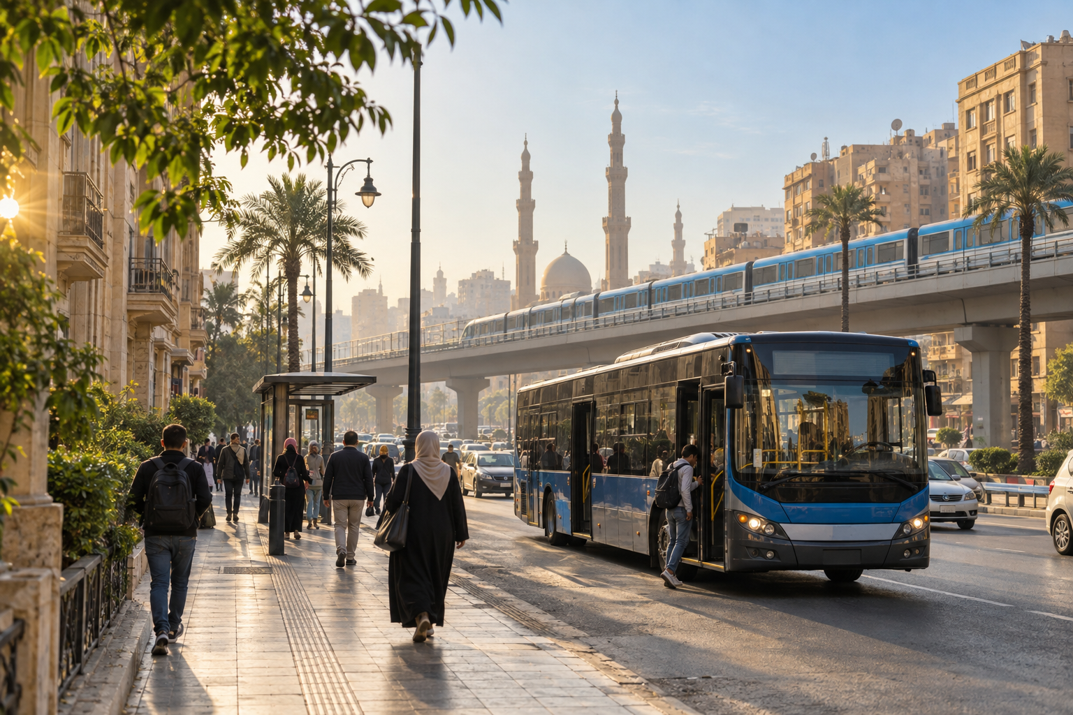 Cairo commuters using a city bus and elevated Metro while traveling without a car